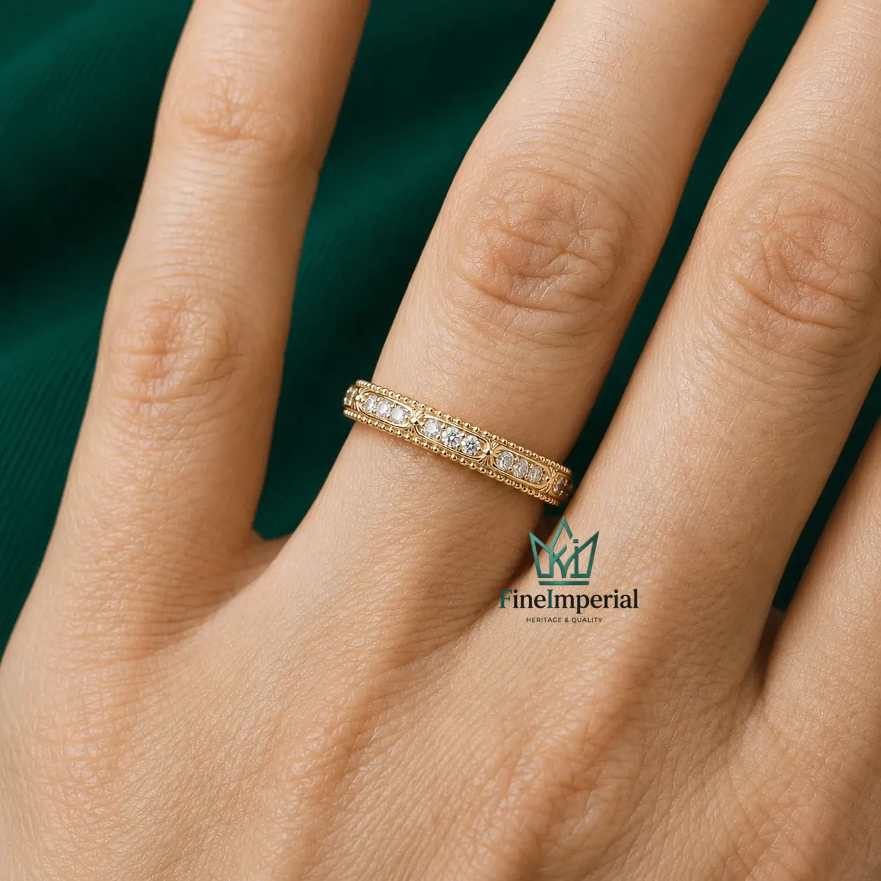 Art Deco Diamond Wedding Band, Solid 10K 14K 18K Gold Pave Eternity Ring, Milgrain Band - Image 4