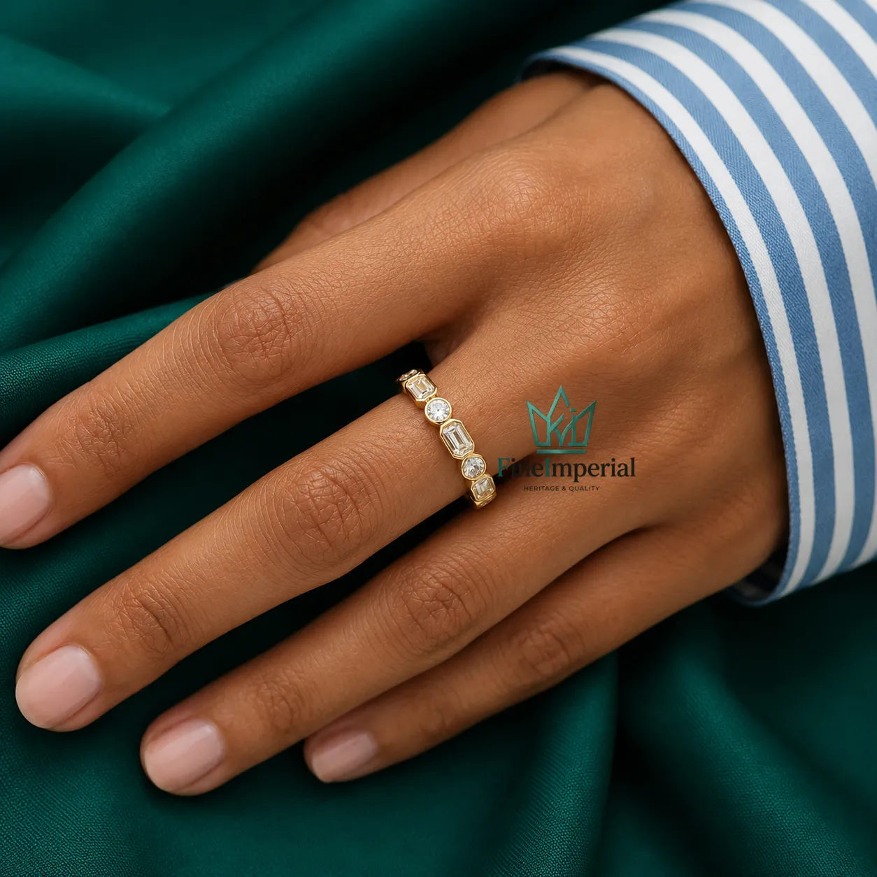 Half Eternity Diamond Ring, Solid 10K 14K 18K Gold Bezel Set Emerald & Round Diamond Band - Image 3