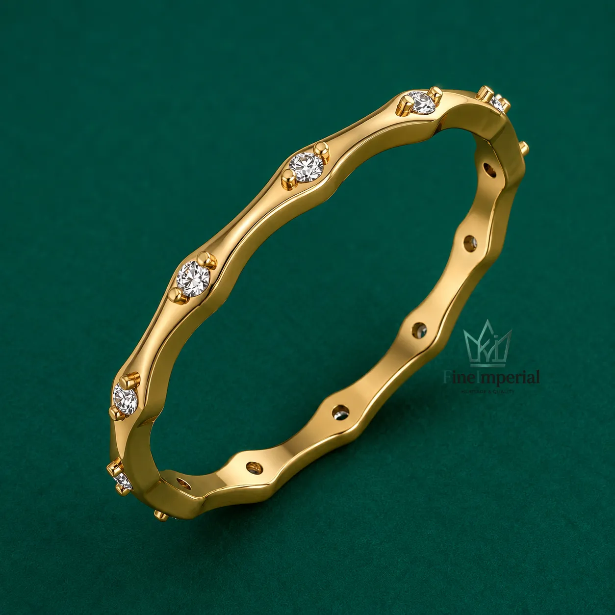Bamboo Diamond Stacking Ring, Solid 10K 14K 18K Gold Nature Inspired Wedding Band - Image 2