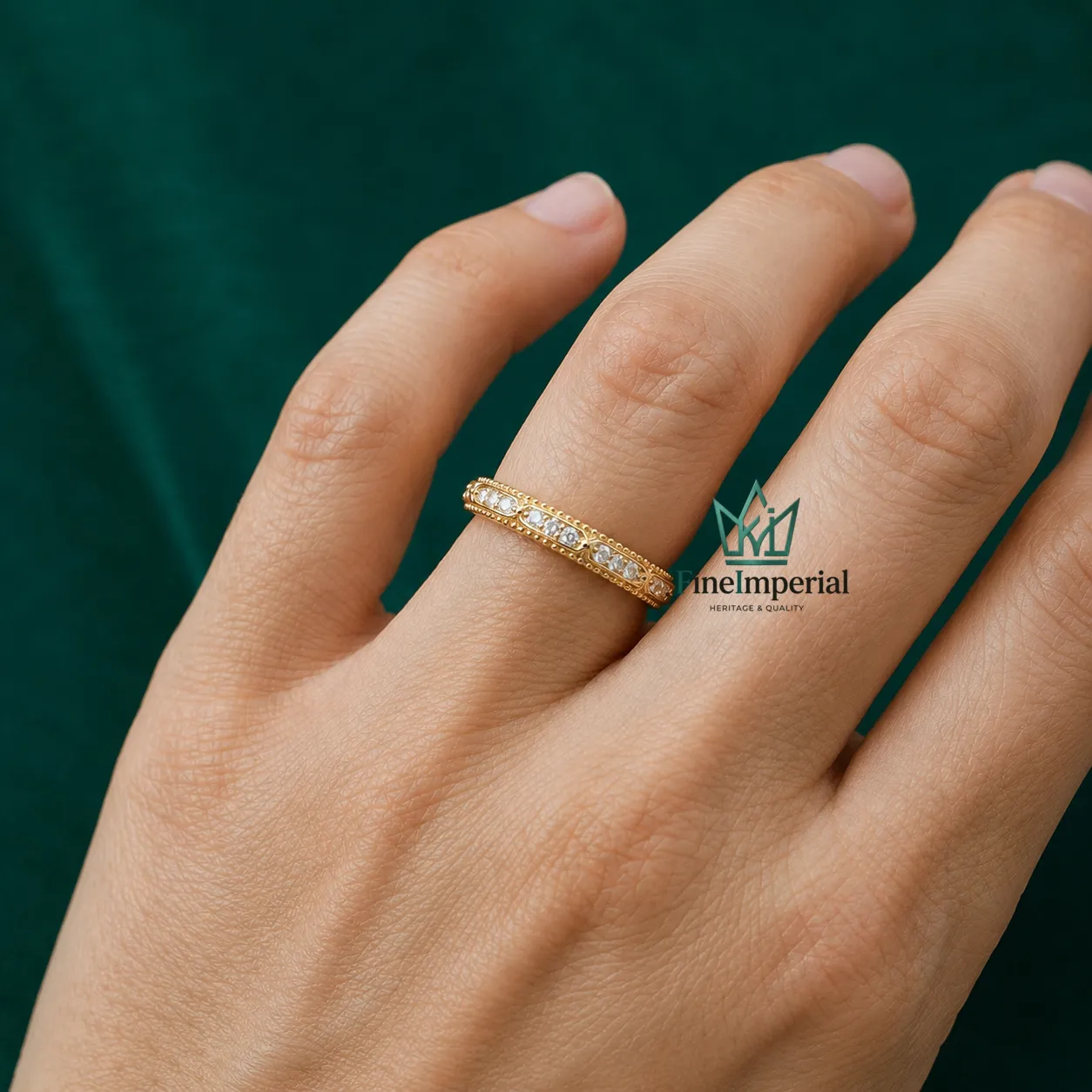 Art Deco Diamond Wedding Band, Solid 10K 14K 18K Gold Pave Eternity Ring, Milgrain Band - Image 5