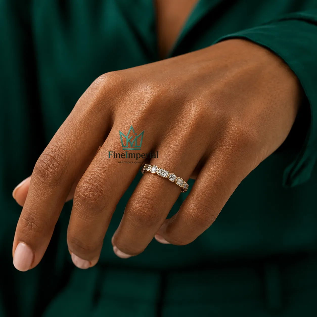 Half Eternity Diamond Ring, Solid 10K 14K 18K Gold Bezel Set Emerald & Round Diamond Band - Image 4