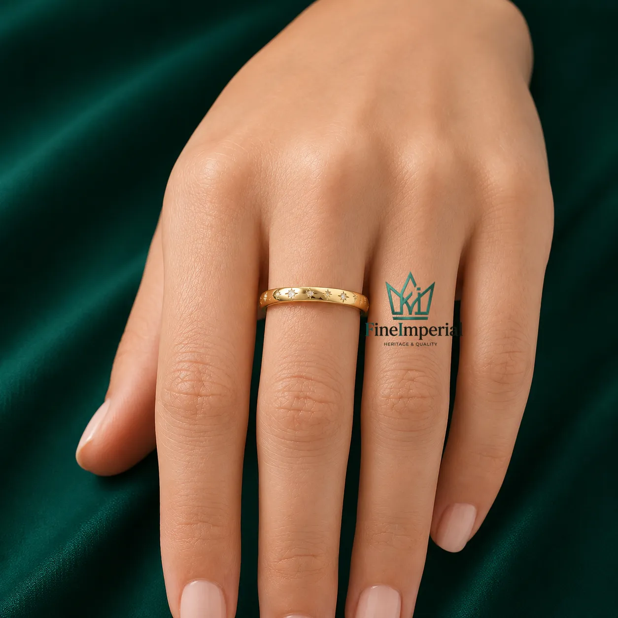 Celestial Star Diamond Wedding Band, Solid 10K 14K 18K Gold, Dainty Minimalist Ring - Image 5