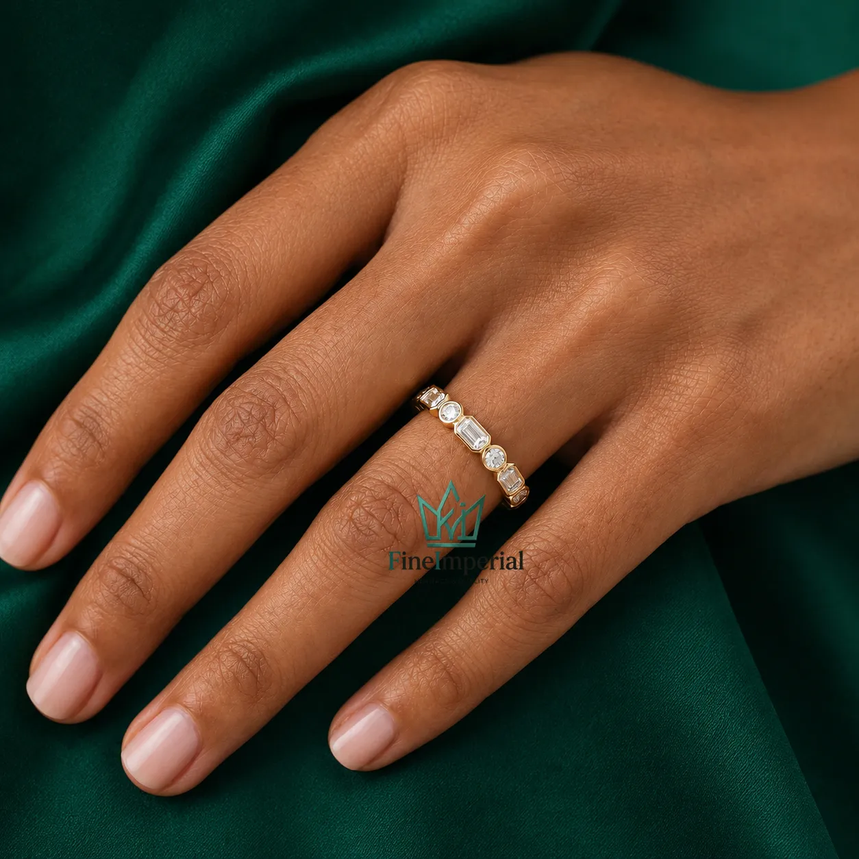 Half Eternity Diamond Ring, Solid 10K 14K 18K Gold Bezel Set Emerald & Round Diamond Band - Image 5