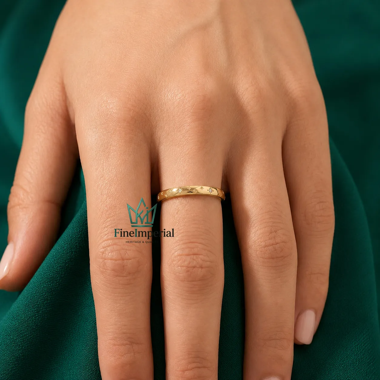 Celestial Star Diamond Wedding Band, Solid 10K 14K 18K Gold, Dainty Minimalist Ring - Image 6