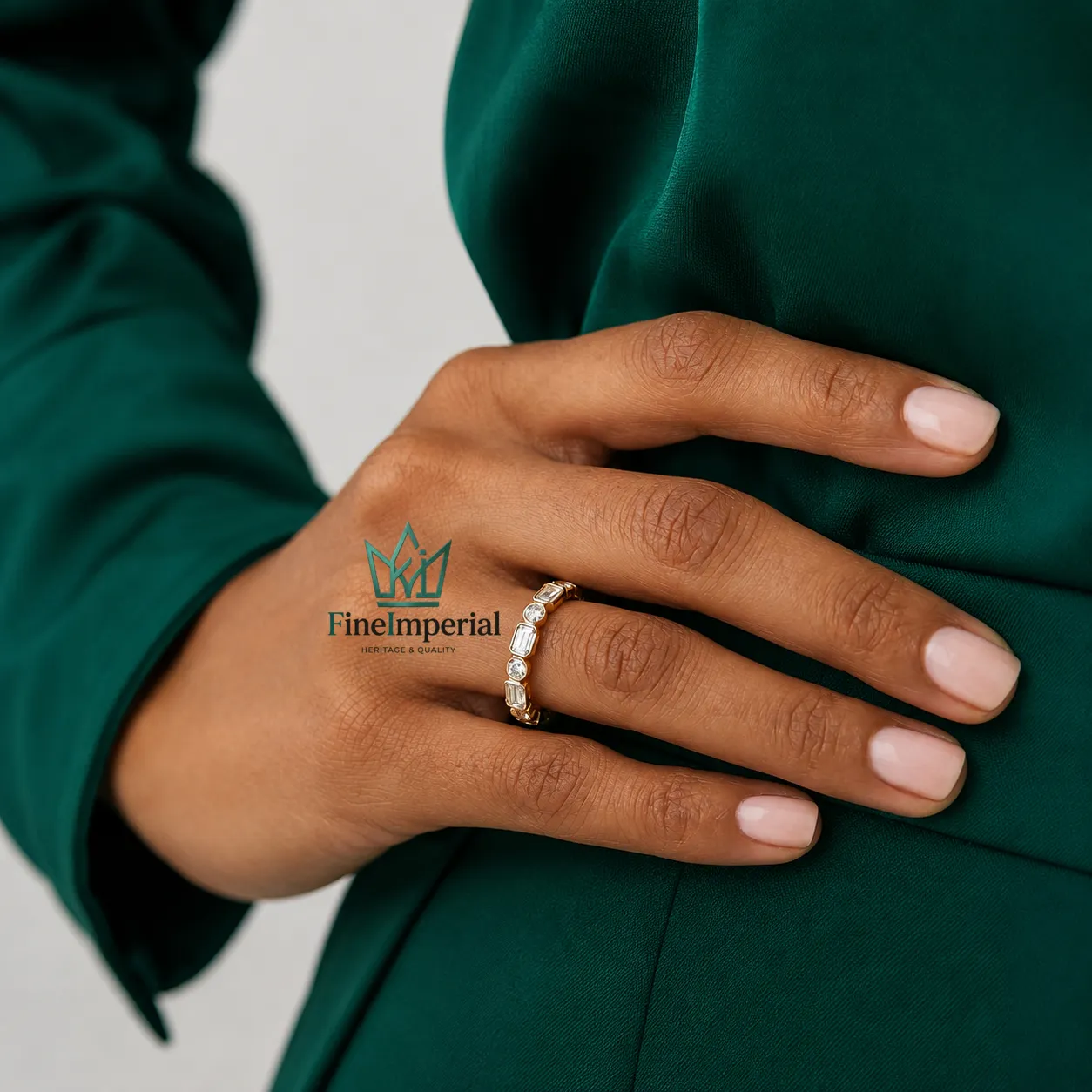 Half Eternity Diamond Ring, Solid 10K 14K 18K Gold Bezel Set Emerald & Round Diamond Band - Image 6