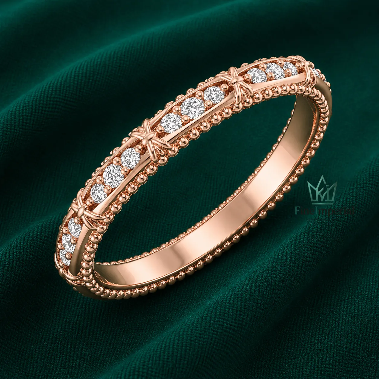 Art Deco Diamond Wedding Band, Solid 10K 14K 18K Gold Pave Eternity Ring, Milgrain Band - Image 3