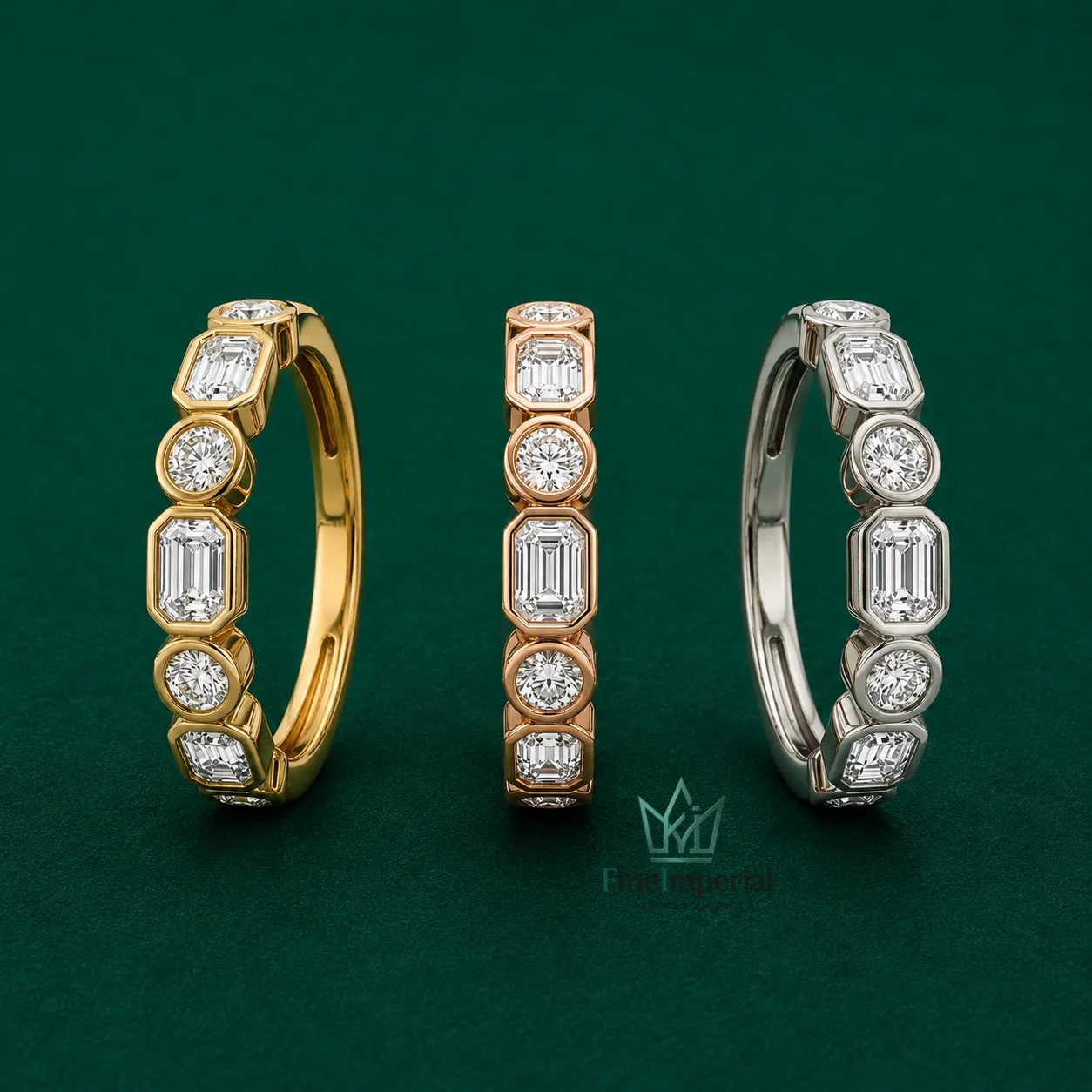 Half Eternity Diamond Ring, Solid 10K 14K 18K Gold Bezel Set Emerald & Round Diamond Band - Image 2