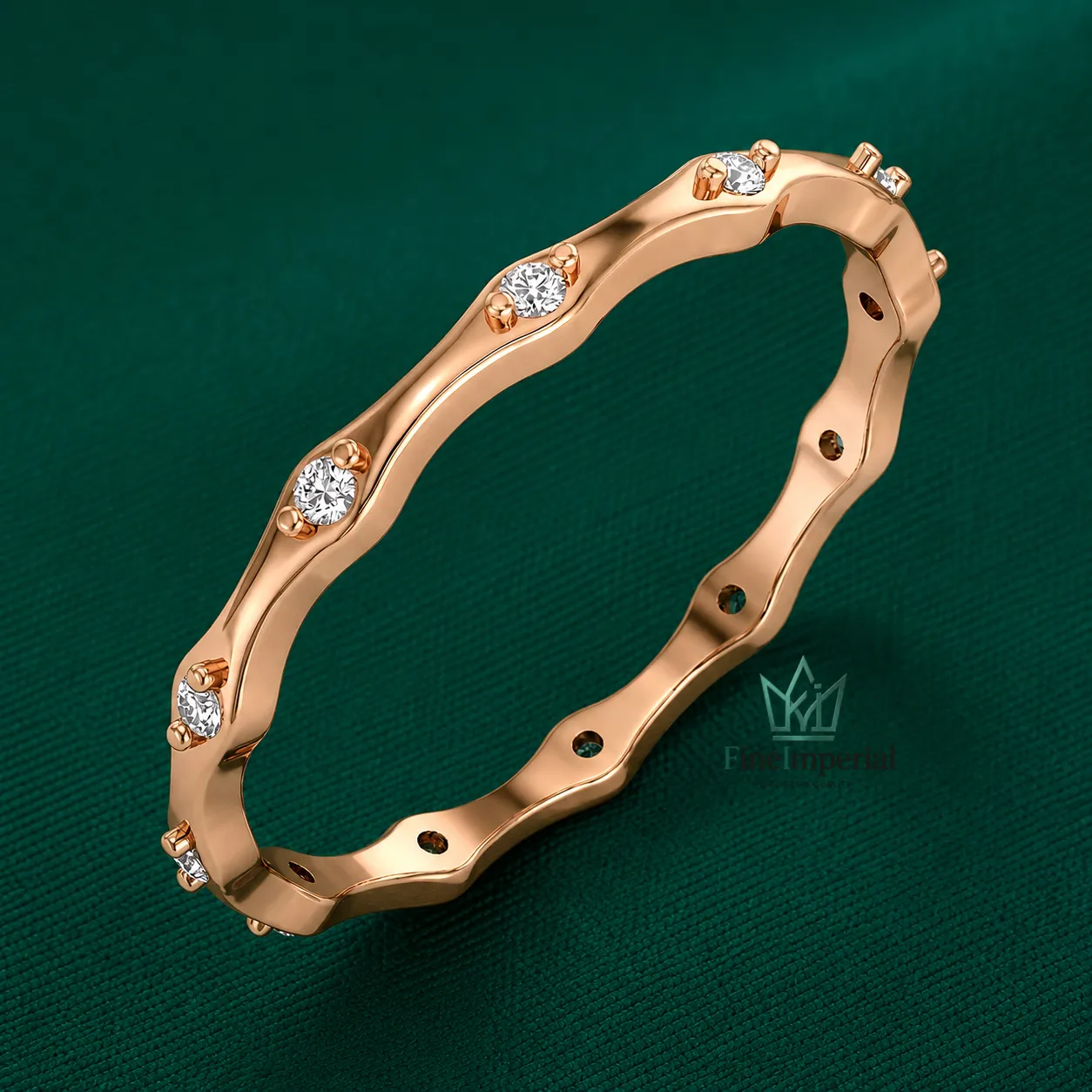 Bamboo Diamond Stacking Ring, Solid 10K 14K 18K Gold Nature Inspired Wedding Band - Image 3