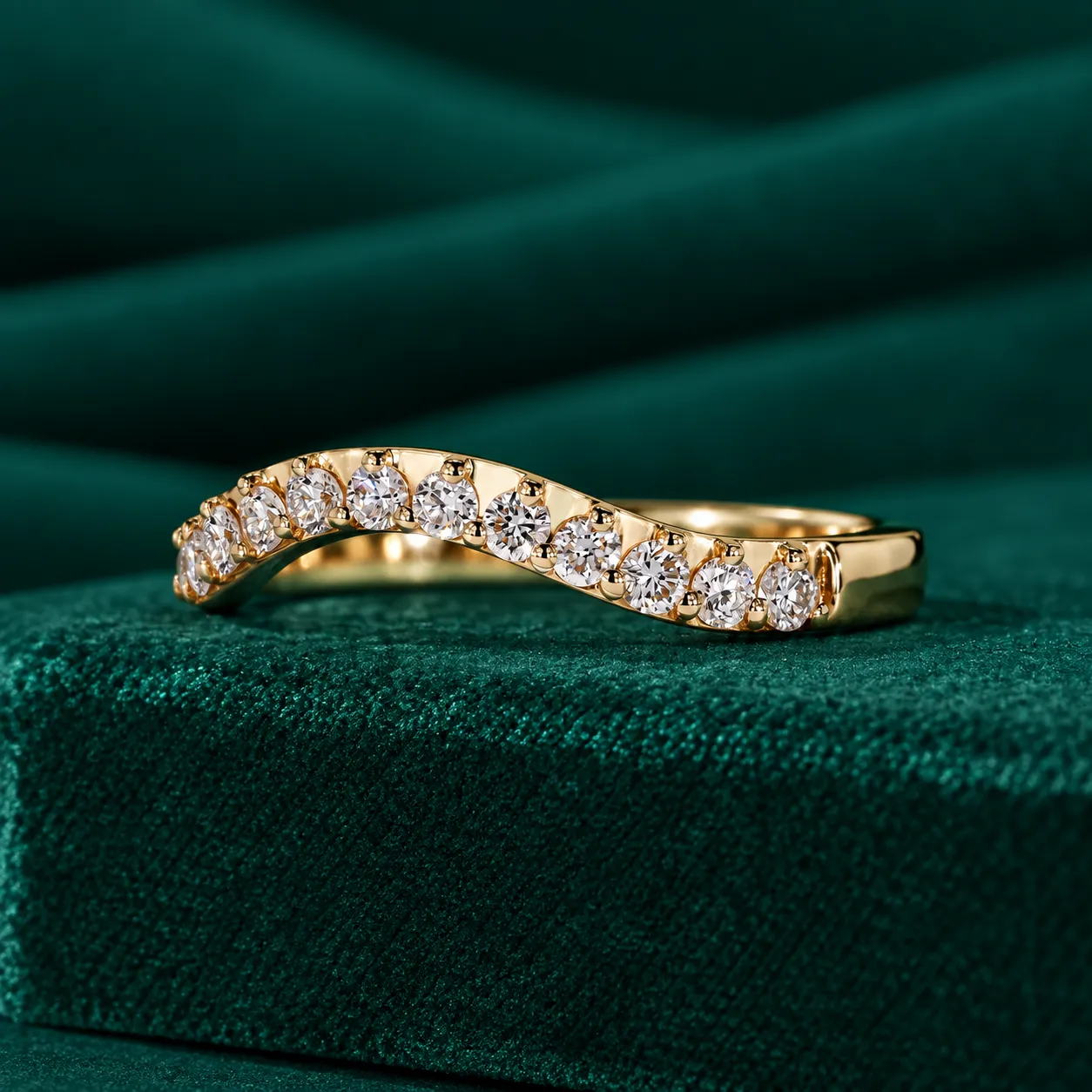 Custom Curved Gold Wedding Band Real Lab Grown Diamond Stacking Ring Chevron Ring in 10k 14k 18k Gold Birthday & Anniversary Gift for Wife - Image 2