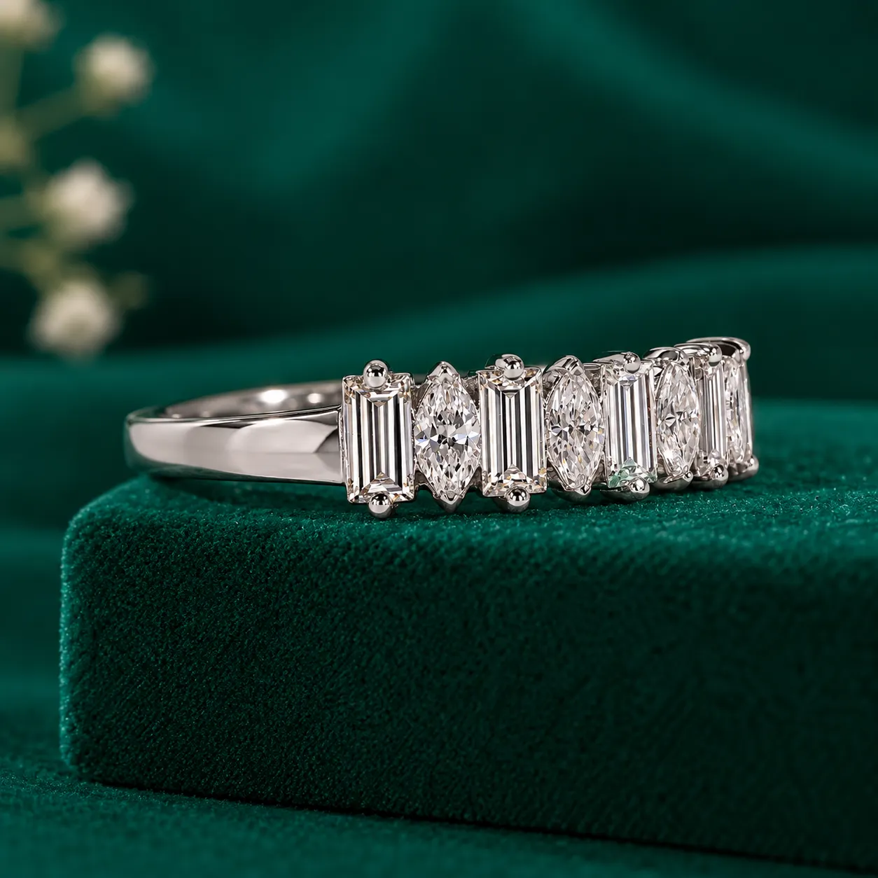 Baguette Marquise Diamond Wedding Band Half Eternity Band for Her Anniversary Ring Lab Grown Diamond Stackable Ring Bridal Set Matching Ring - Image 3