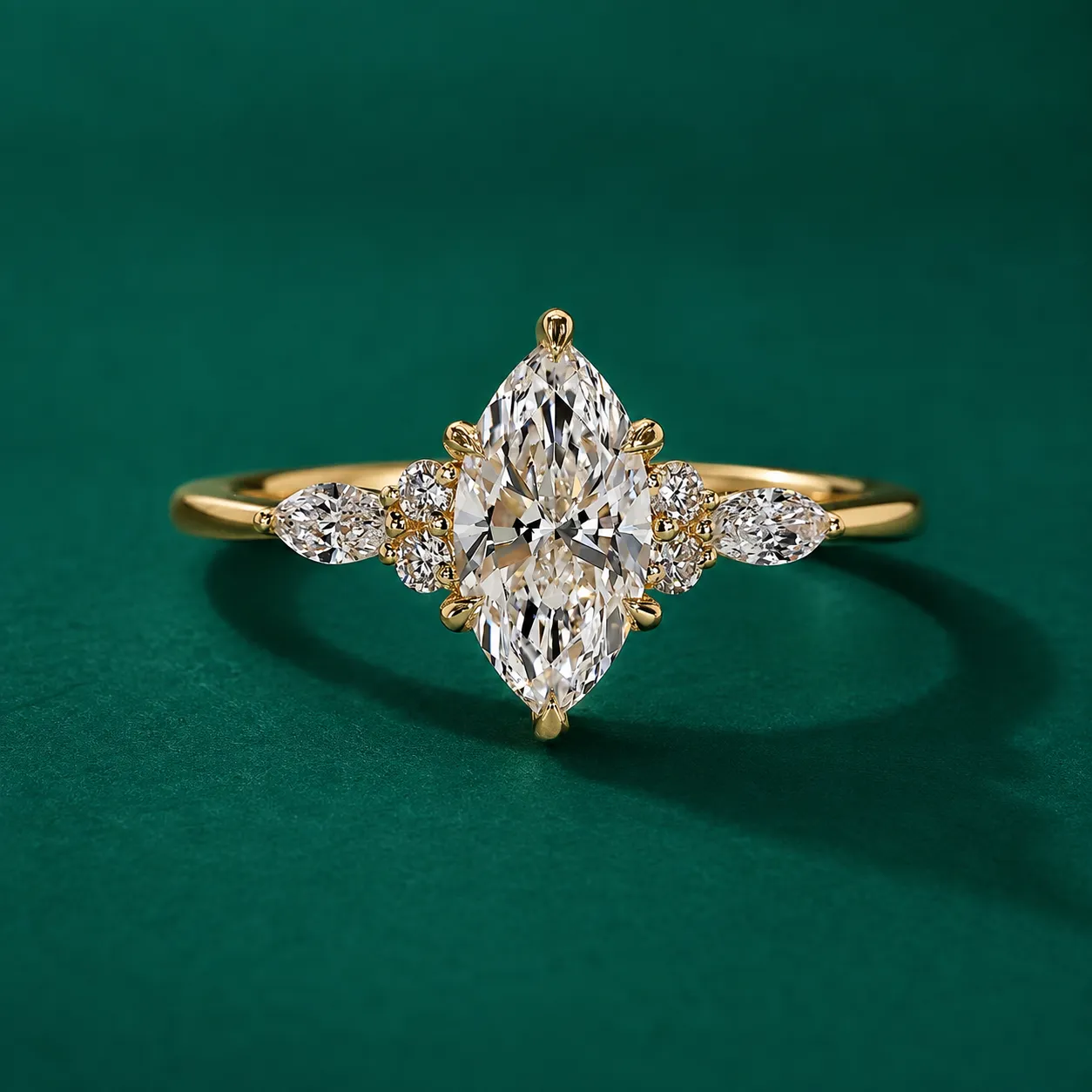 Marquise lab grown diamond engagement ring with six claw prong setting
