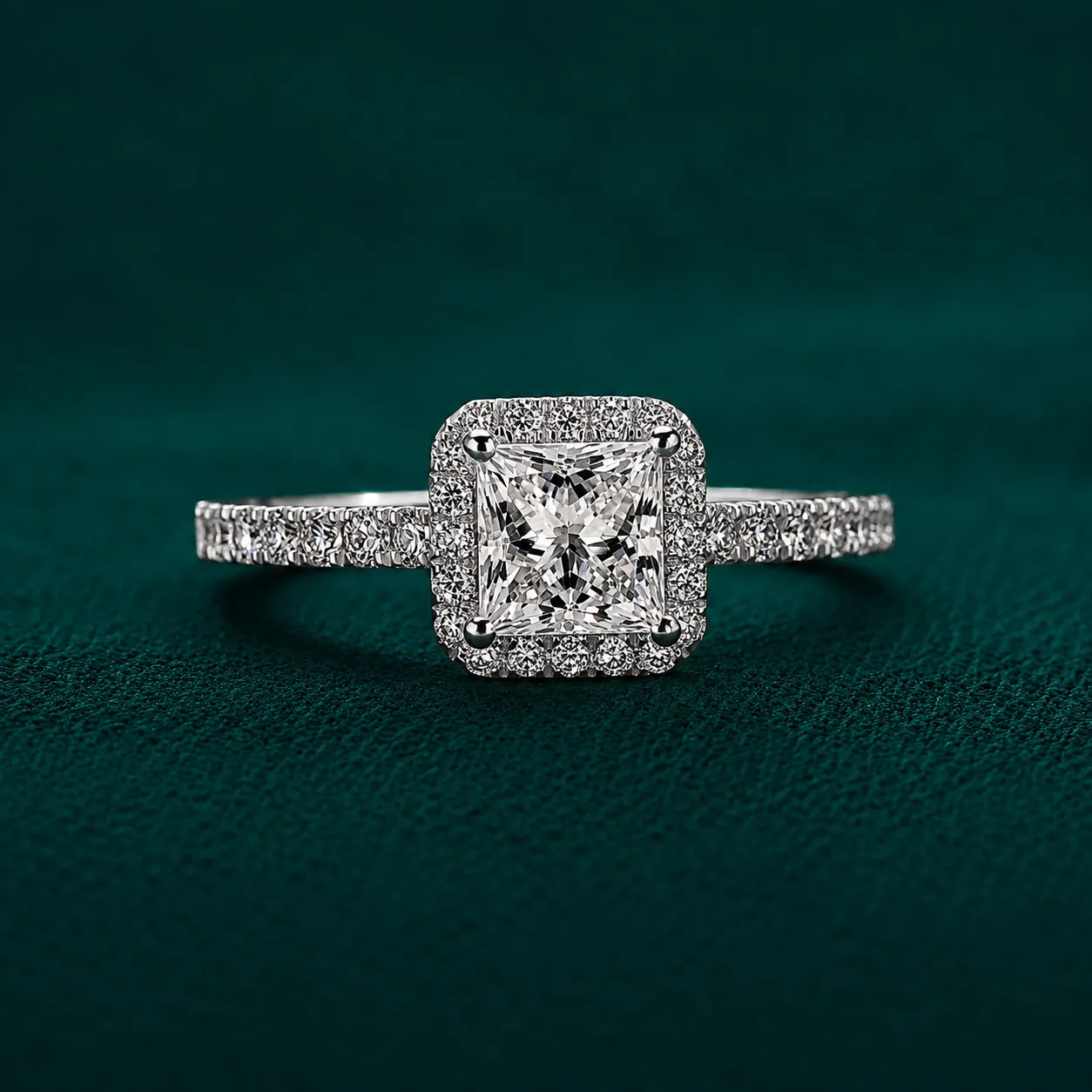 Princess cut lab grown diamond halo engagement ring