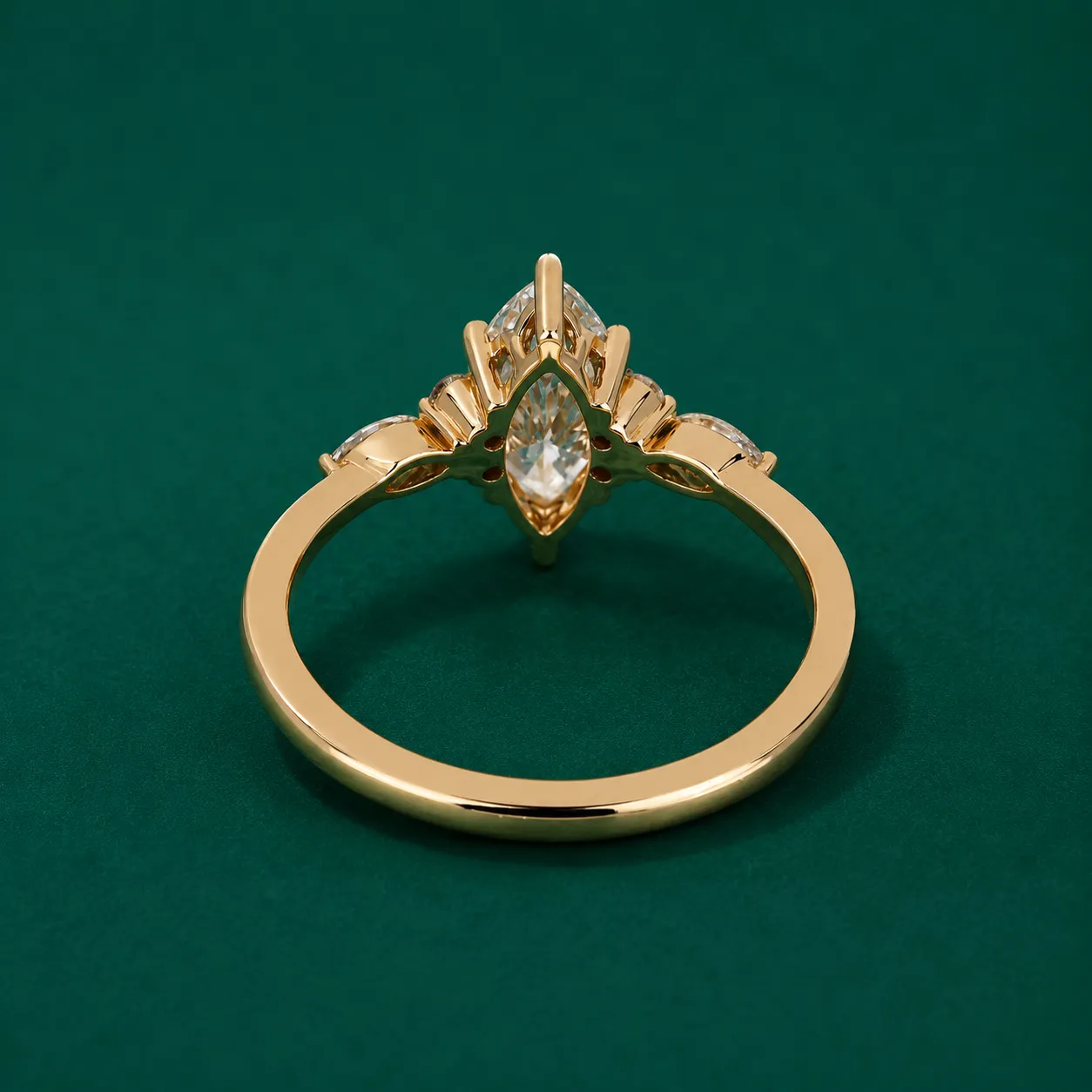 Six claw marquise diamond engagement ring detail